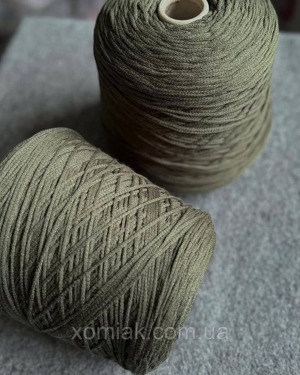 Пряжа кардний меринос шнурочком Park merino BeMiVa хакі, 100 грамів