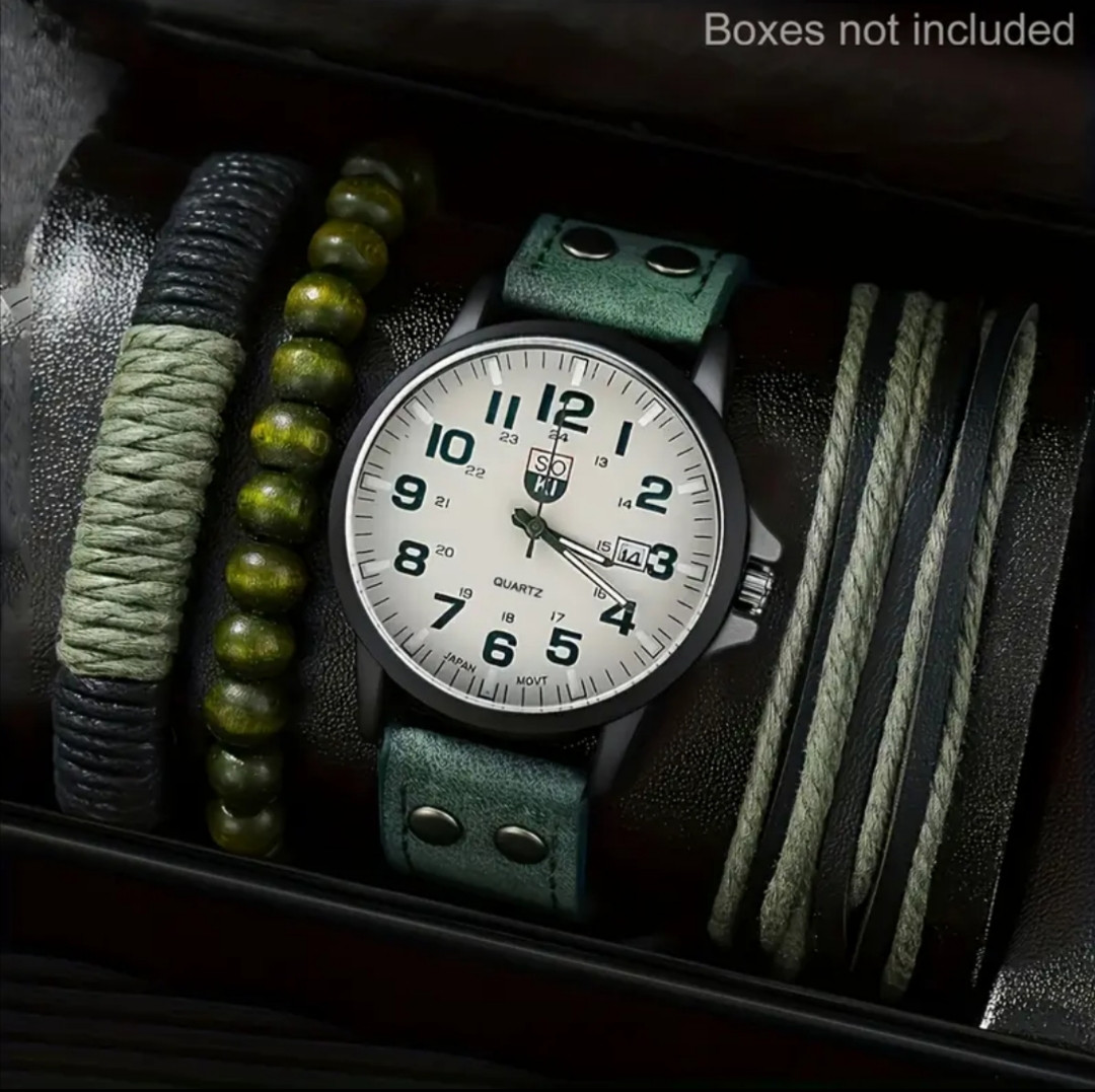 Чоловічий наручний годинник із датою "Soki" зелений і 3 браслети, фото 1