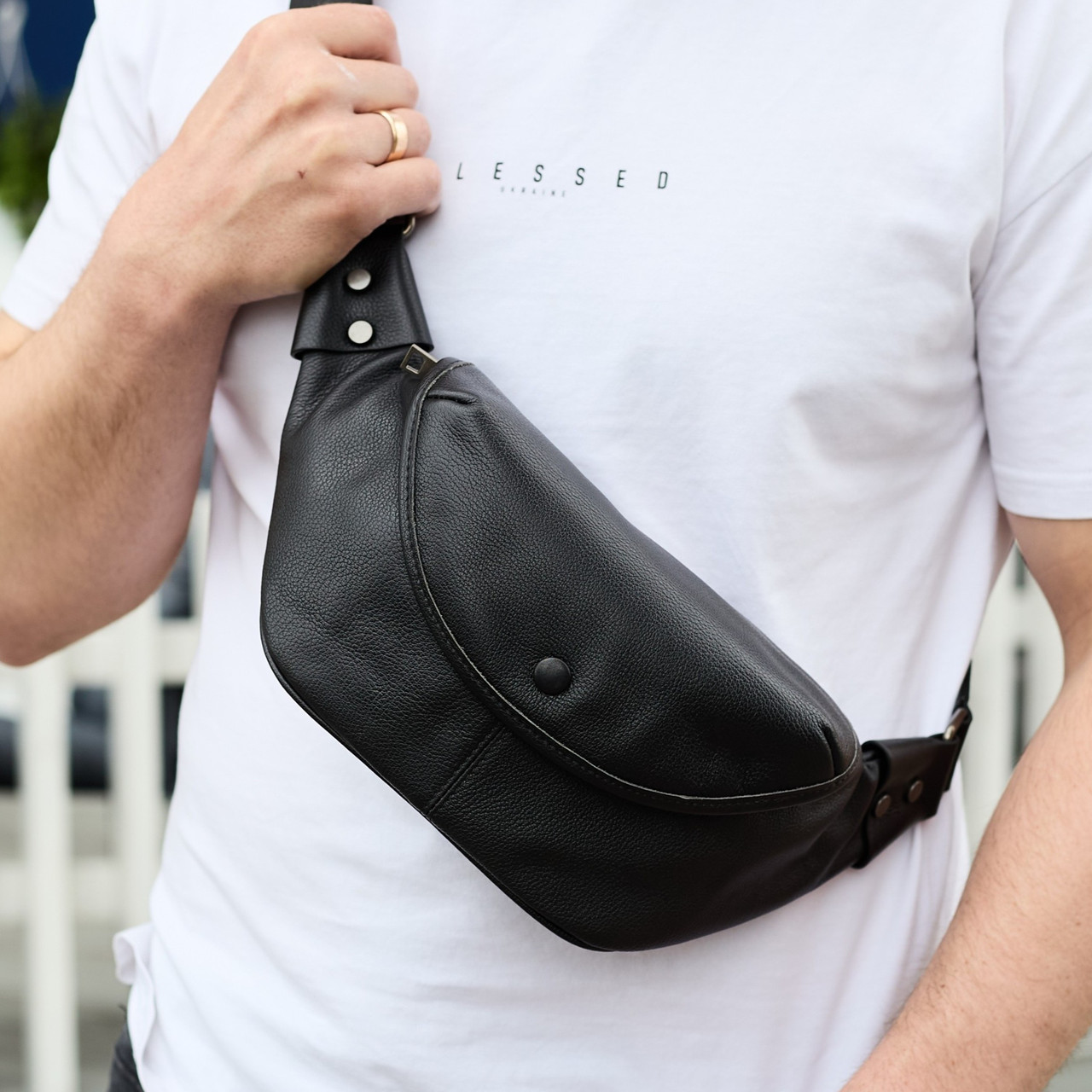 Бананка топова шкіряна чоловіча модна містка повсякденна чорна TD-37698, фото 1