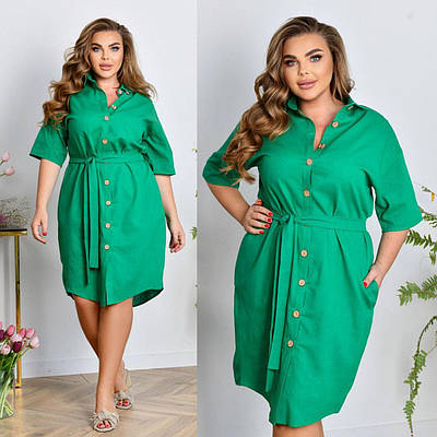 Літня сукня сорочка нижче коліна з поясом із льону