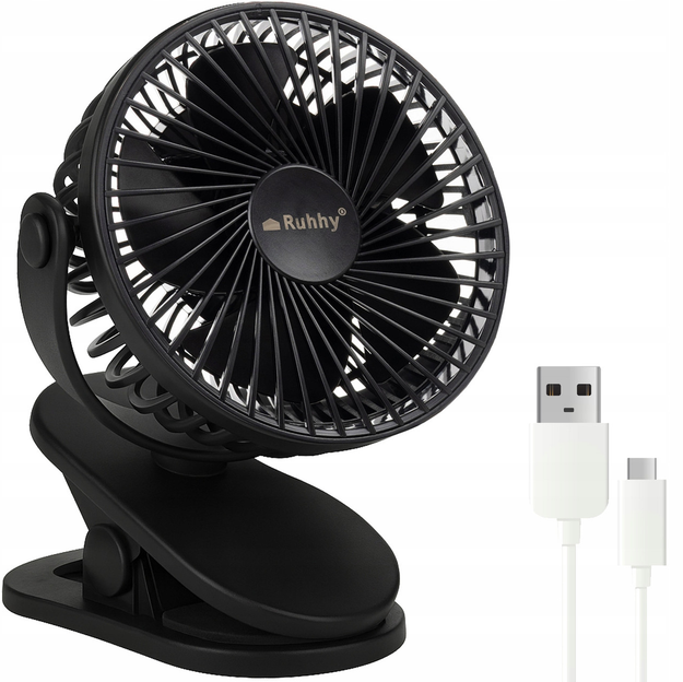 Акумуляторний настільний вентилятор із затискачем Ruhhy 3в1 1200 мАг USB-C 18 x 16 x 13 см Чорний (25567)