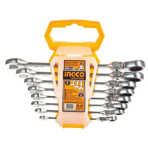 Набір ключів гайкових комбінованих храпових  гнучких 8–19 мм 8 шт. INGCO INDUSTRIAL, фото 1