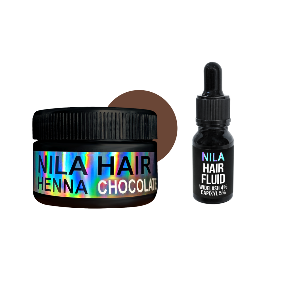 Набір Nila Хна для волосся Шоколад (Chocolate) 60г + Nila Hair Fluid Сироватка для росту волосся, скло + піпетка, 10мл