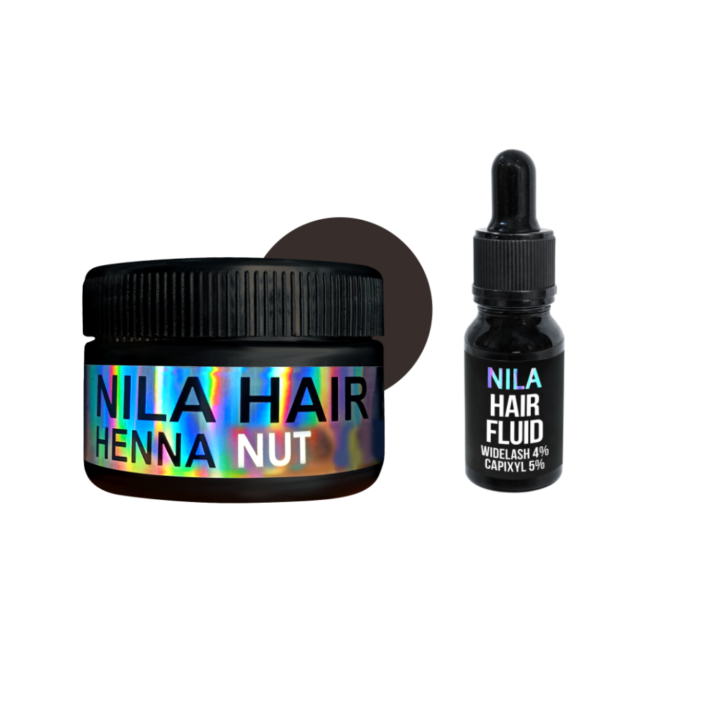 Набір Nila Хна для волосся Горіх (Nut), 60г + Nila Hair Fluid Сироватка для росту волосся, скло + піпетка, 10мл
