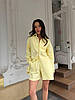 Лимонний жіночий комплект-трійка з льону: топ, оверсайз сорочка та шорти вільного крою, фото 7
