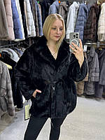 Жіноча натуральна норкова шубка з відкладеним коміром-стійка під пояс в кольорі чорний діамант 52/54