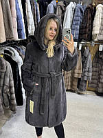 Класична жіноча натуральна шубка з капюшоном під пояс у сірому кольорі 50/52