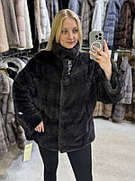 Жіноча натуральна норкова шубка з коміром-стійкою в кольорі соболь 58/60