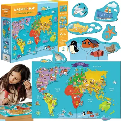 Настільна гра Карта світу Географія пазл магнітний для дитини 3 років 120 деталей Збери континенти і тварин
