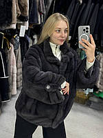 Великі розміри Жіноча натуральна норкова шубка з коміром-стійкою в кольорі графіт 54/56