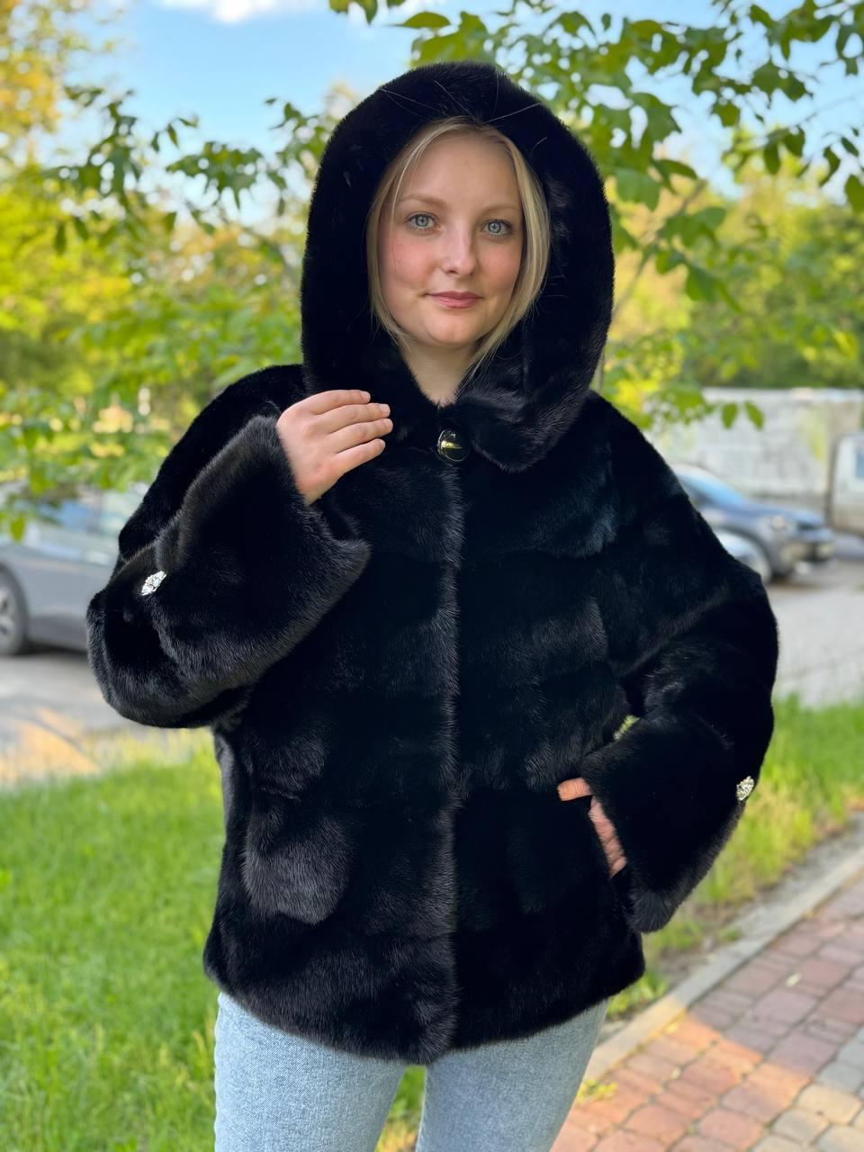 Великі розміри Жіноча натуральна норкова шубка з капішоном в кольорі чорний діамант 54/56, фото 1