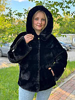 Великі розміри Жіноча натуральна норкова шубка з капішоном в кольорі чорний діамант 54/56