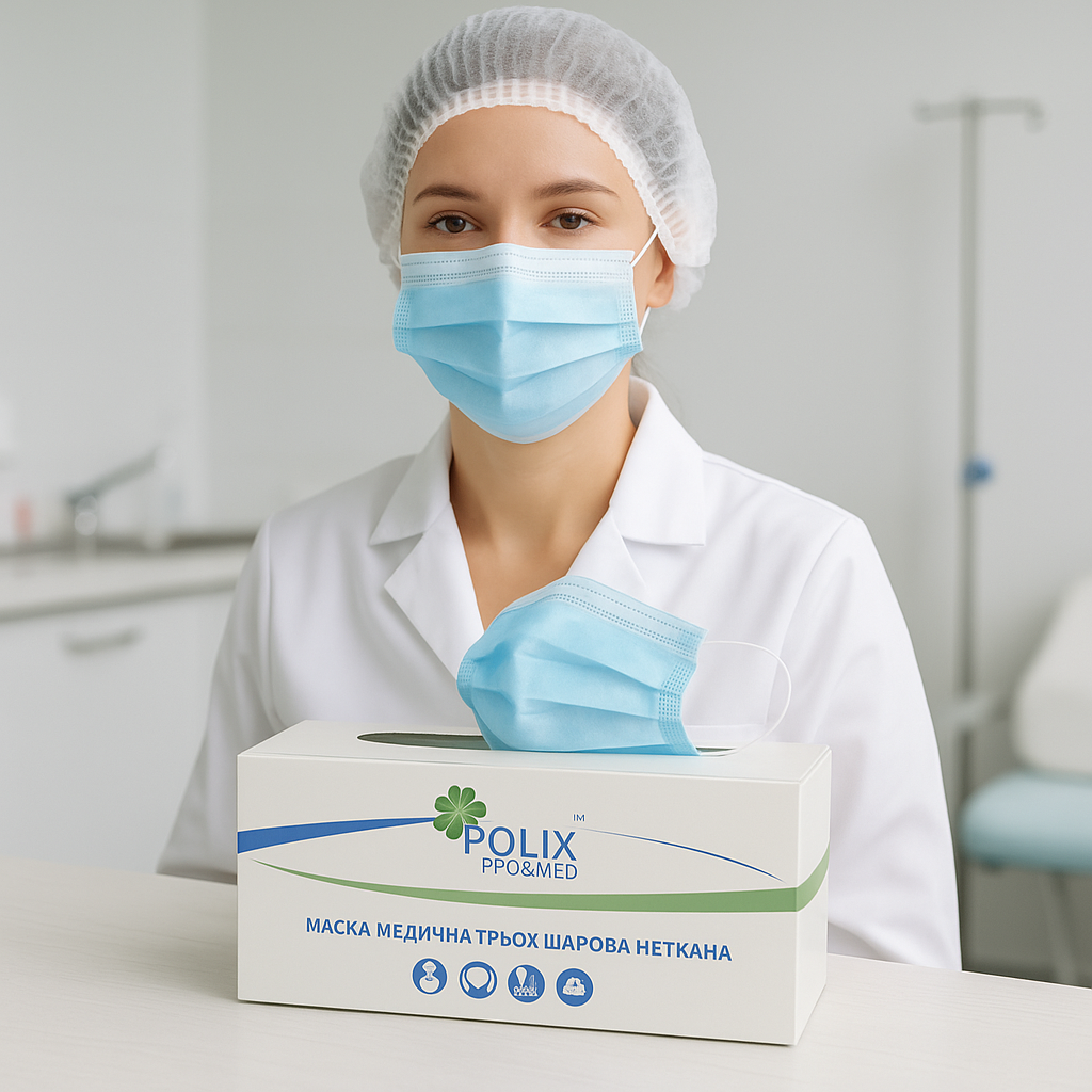Маска медична тришарова нестерильна на гумці Polix PRO&MED, блакитна (50шт)