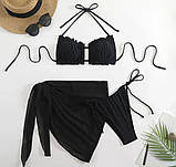 Стильний купальник 3 в 1 ліф шторки плавки та спідничка, жіночий роздільний чорний купальник на зав'язках M, фото 2
