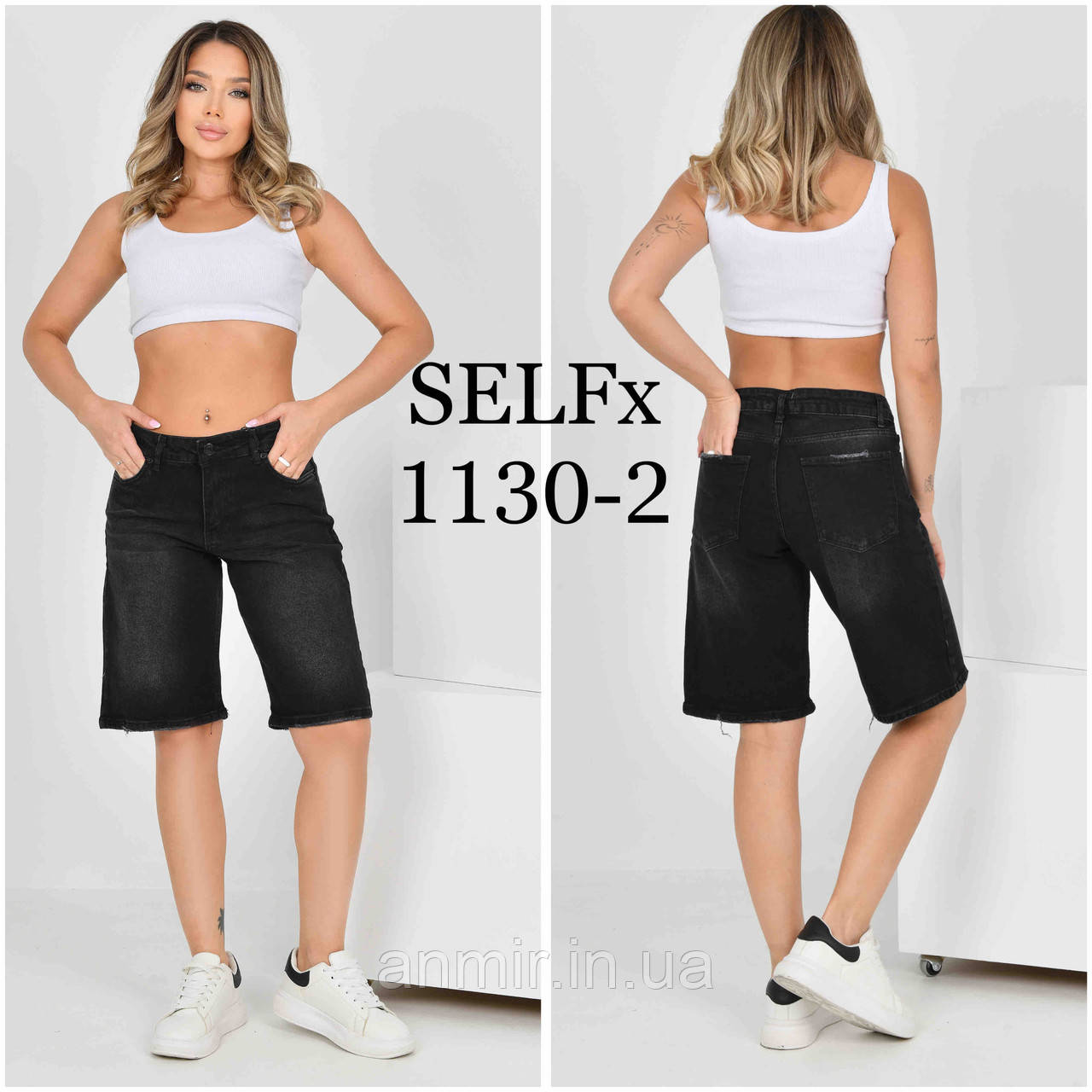 Джинсові молодіжні шорти жіночі БАГГІ пояс під ремінь стретч норма 25-30, колір чорний