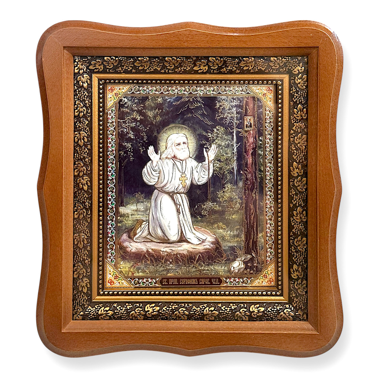 Ікона Серафиму Саровському чудотворцю, лик 15х18 см, в світлому дерев'яному кіоті., фото 1