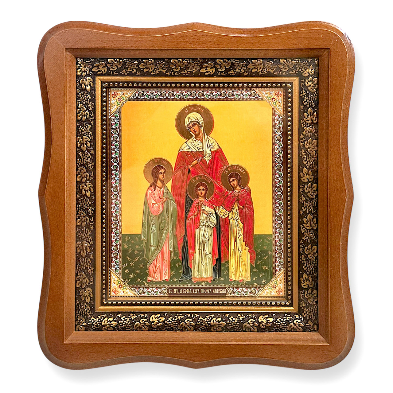 Ікона Софія, Віра, Любов, Надія святі мучениці, лик 15х18 см, у світлому дерев'яному кіоті, фото 1