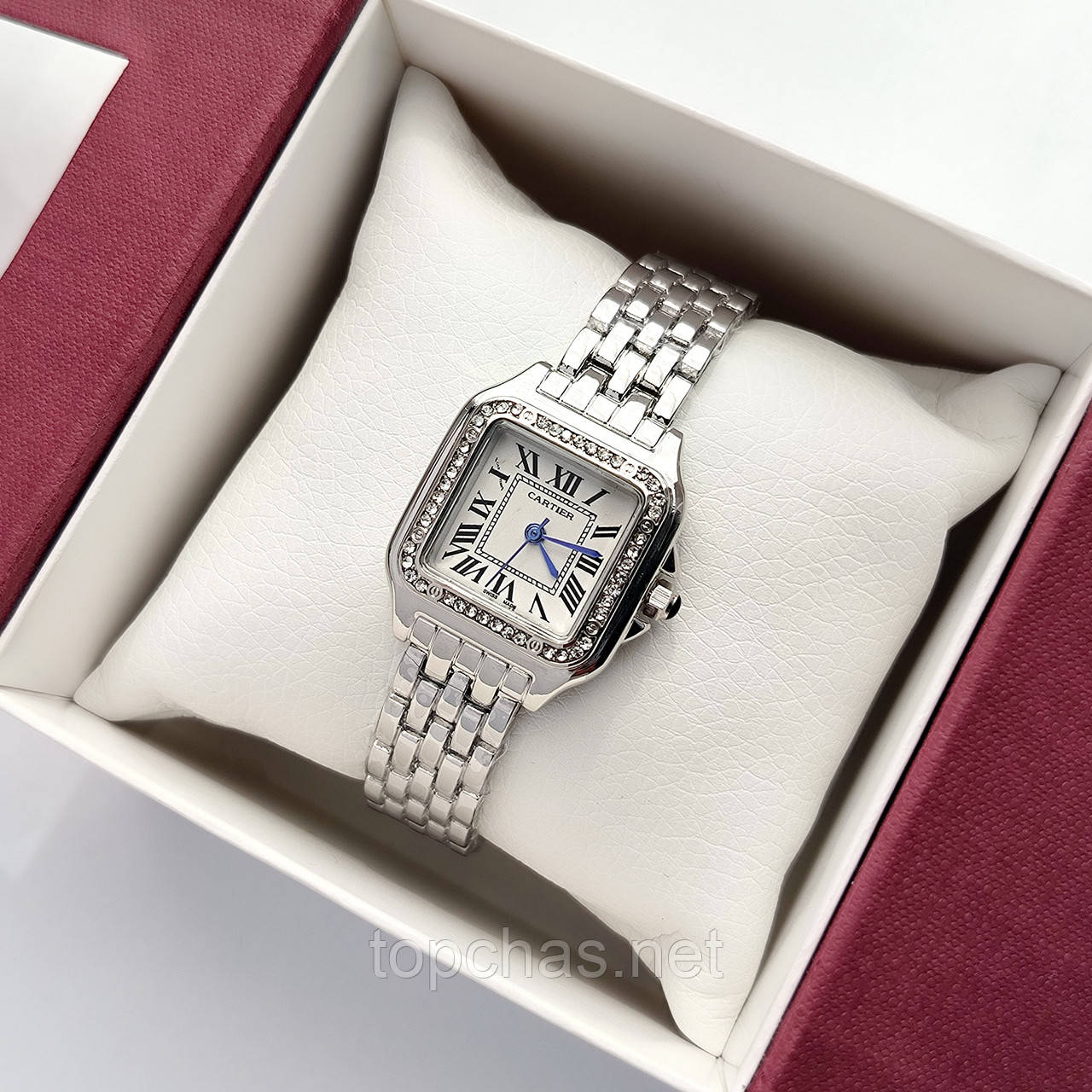 Квадратний жіночий наручний годинник Cartier (картьєр) сріблястого кольору з римськими цифрами - код 2538b