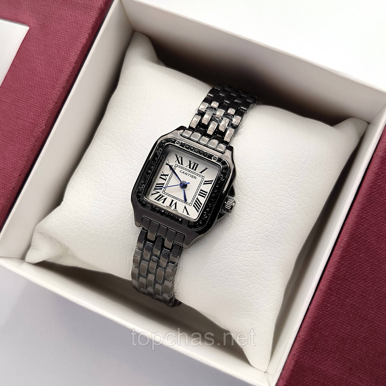 Квадратний жіночий наручний годинник Cartier (картьєр) чорного кольору з римськими цифрами - код 2539b