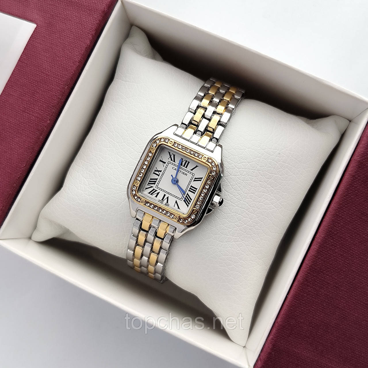 Квадратний жіночий наручний годинник Cartier (картьєр) комбінованого кольору з римськими цифрами - код 2541b