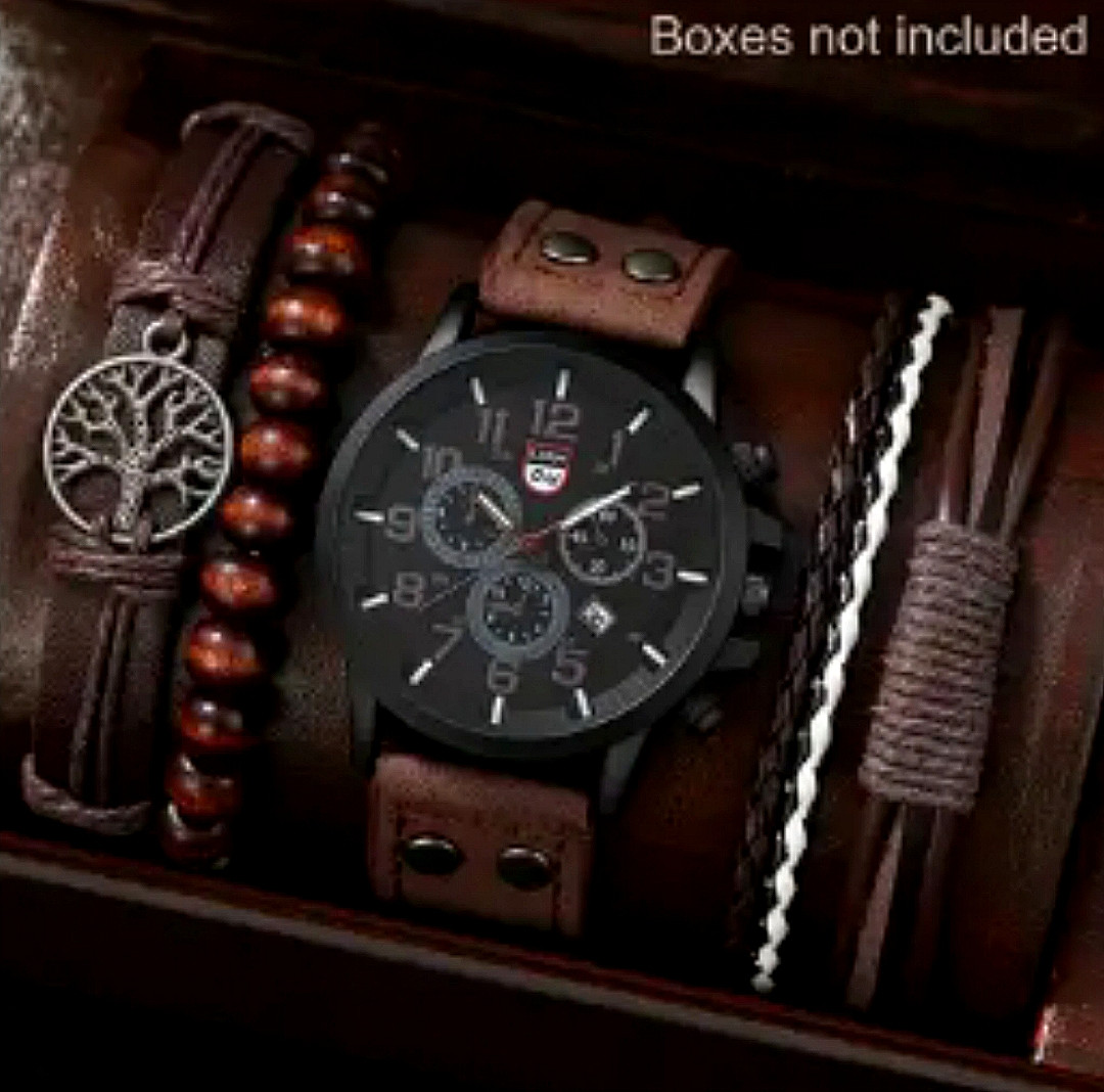 Чоловічий кварцовий годинник та 4 браслети (Без подарункової коробки), колір коричневий, фото 1
