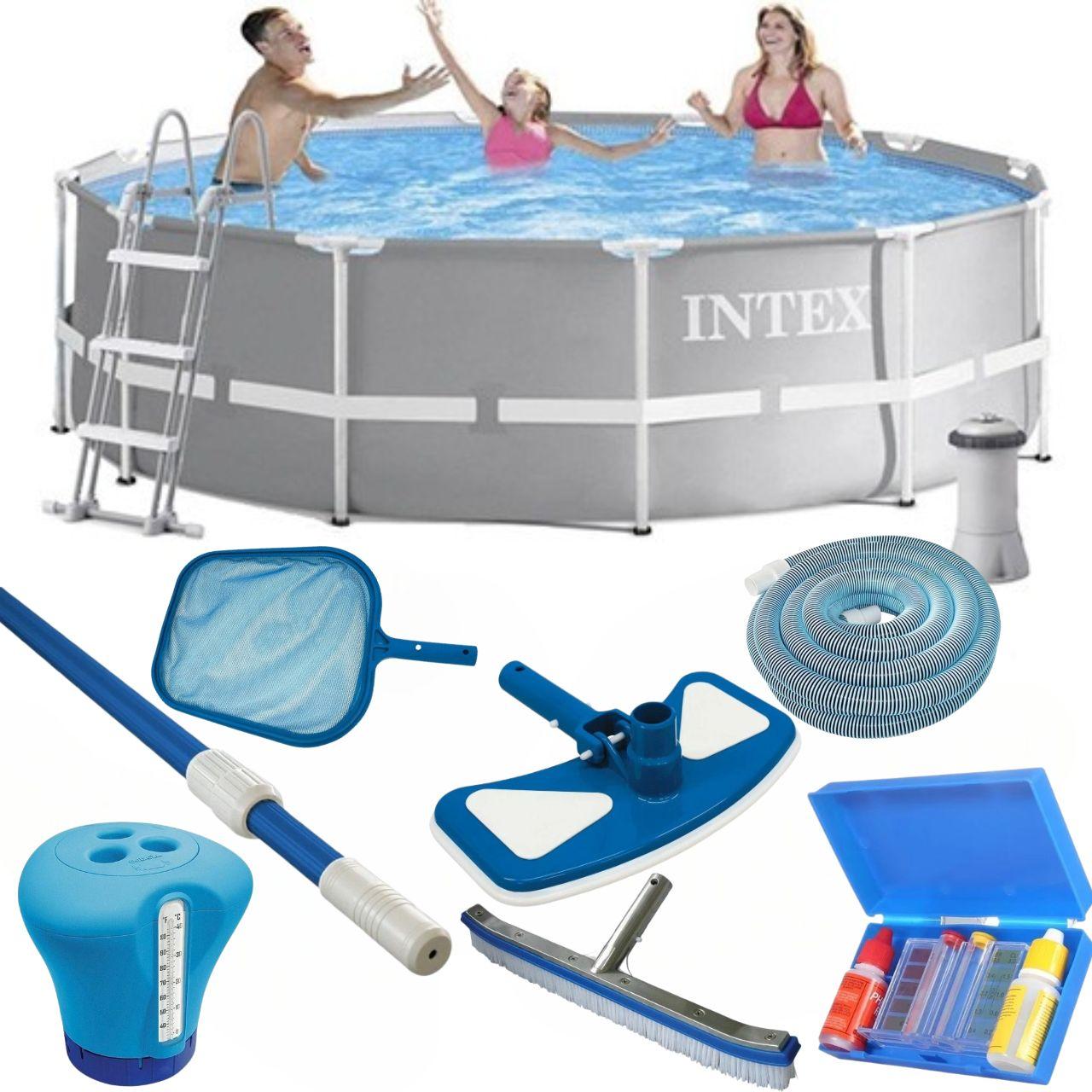 Круглий каркасний басейн Intex 26716 для дачі в комплекті аксесуари для прибирання басейну, фільтр, сходи