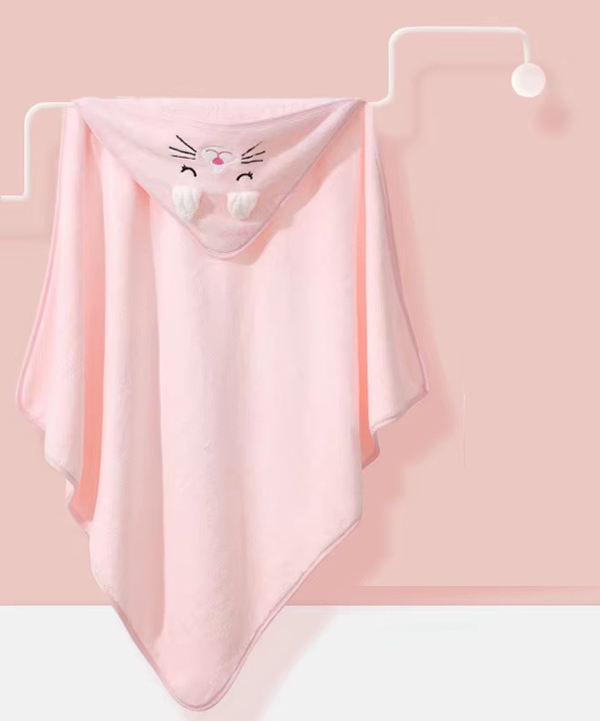 Дитячий рушник куточок з капюшоном Baby Towel Котик 80x80 см для купання немовлят рожевий для дівчинки, фото 1