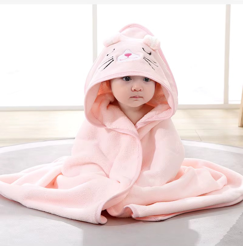 Дитячий рушник куточок з капюшоном Baby Towel Котик 80x80 см для купання немовлят рожевий для дівчинки, фото 1