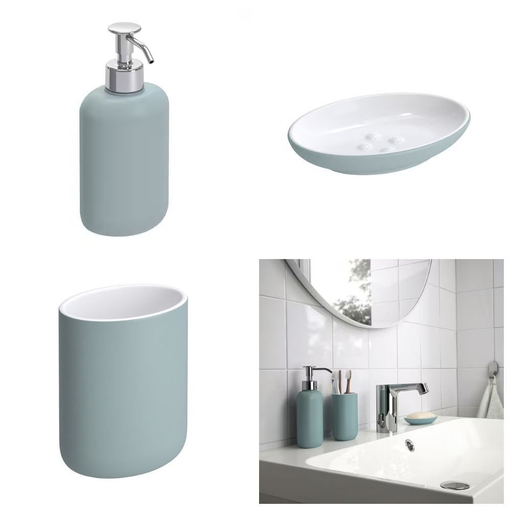 Керамічний набір аксесуарів для ванної кімнати IKEA EKOLN бірюзовий - дозатор стакан мильниця кераміка, фото 1