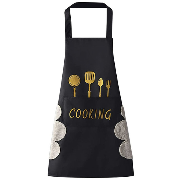 Універсальний кухарський фартух Cooking чорний кухонний передник з кишенею та рушниками для рук, фото 1