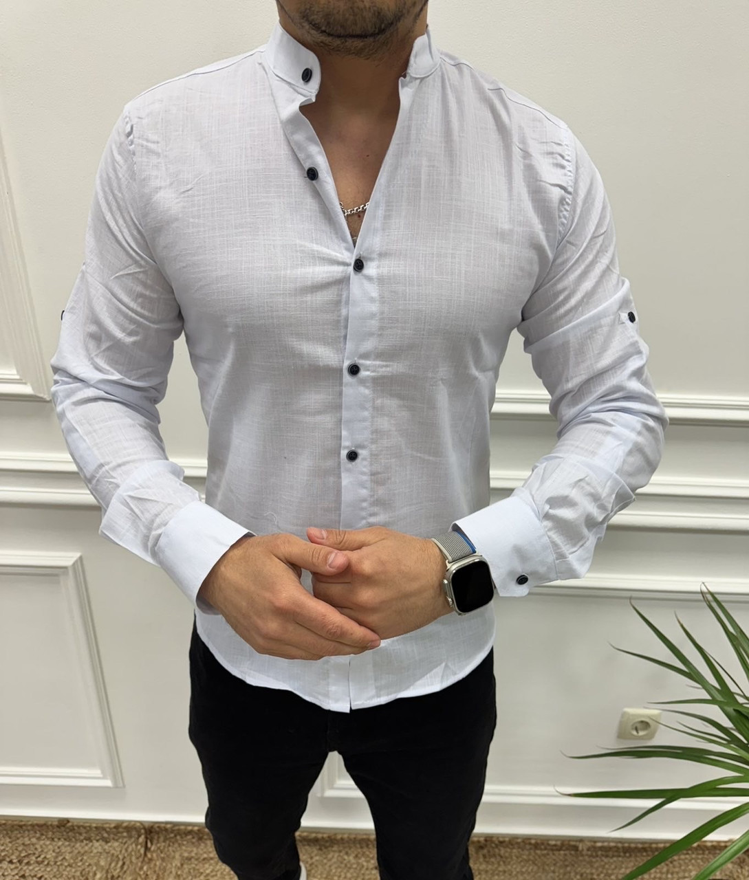 Чоловіча біла льняна сорочка Varetti великих розмірів 3XL–6XL, на ґудзиках, з коміром-стійкою, легка 6XL, Білий