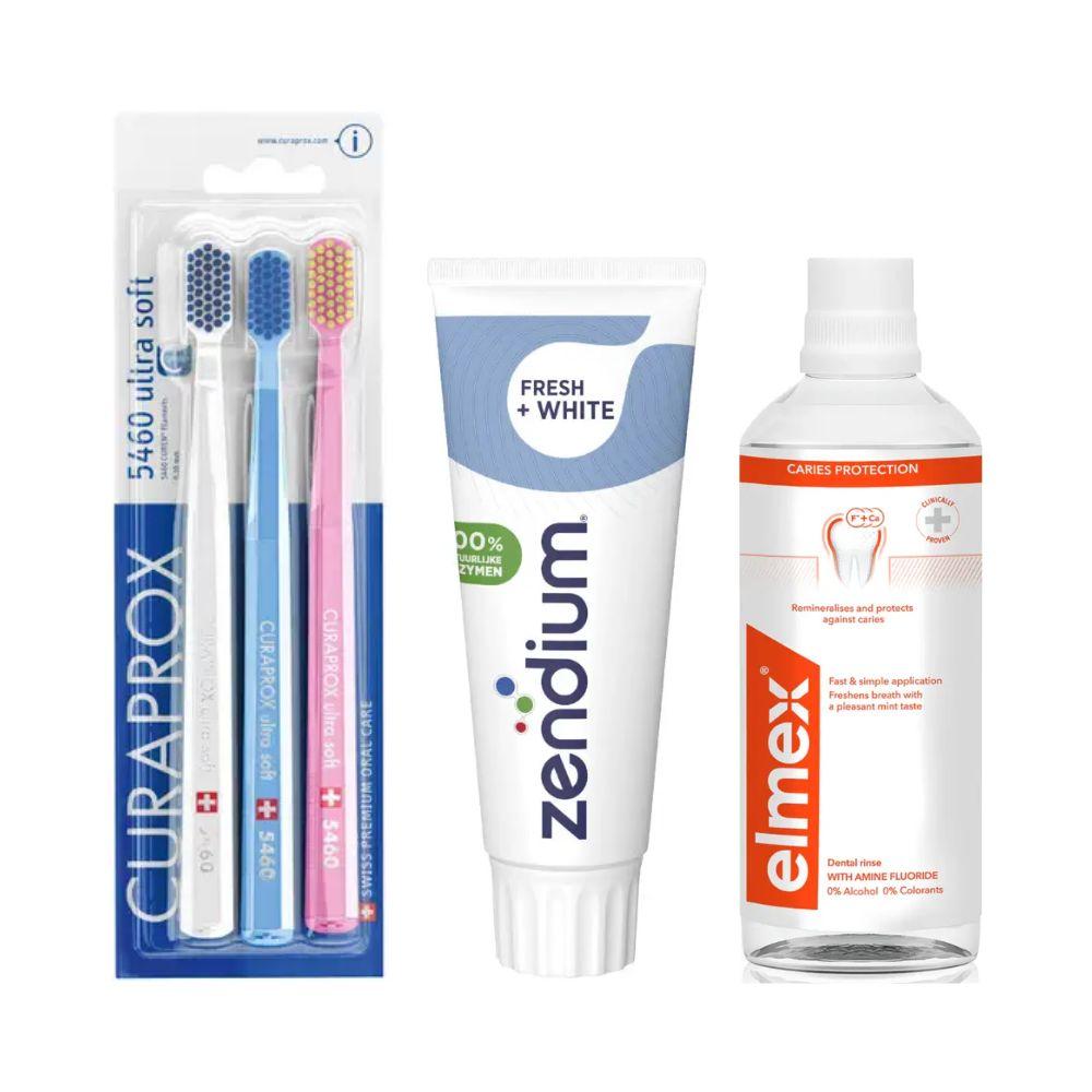 Набір зубних щіток Curaprox CS 5460/3 UltraSoft + паста Zendium Fresh+White для відбілювання + ополіскувач Elmex Caries Protection