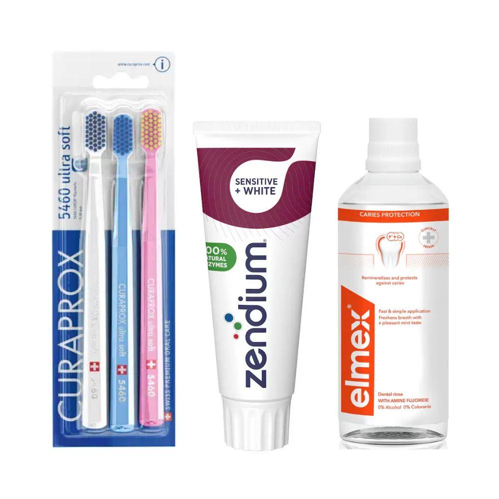 Набір зубних щіток Curaprox CS 5460/3 UltraSoft + паста Zendium Sensitive+White відбілювання + ополіскувач Elmex Caries Protection