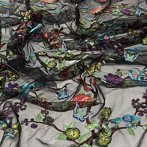 Тканина сітка стрейч із вишитим малюнком «Дерево» 150 см Чорний