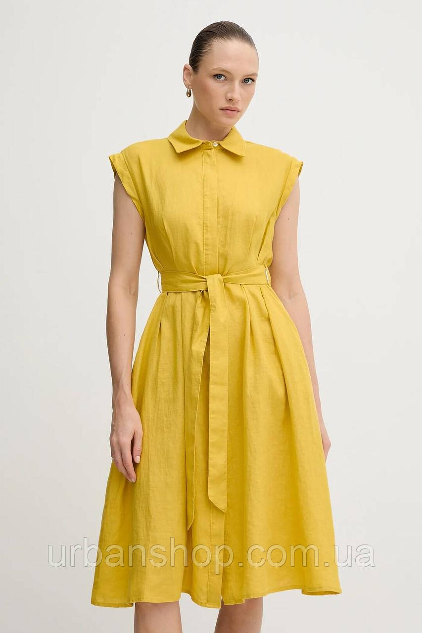 Urbanshop com ua Льняна сукня United Colors of Benetton колір жовтий mini розкльошена 4AGHDV0B1 РОЗМІРИ