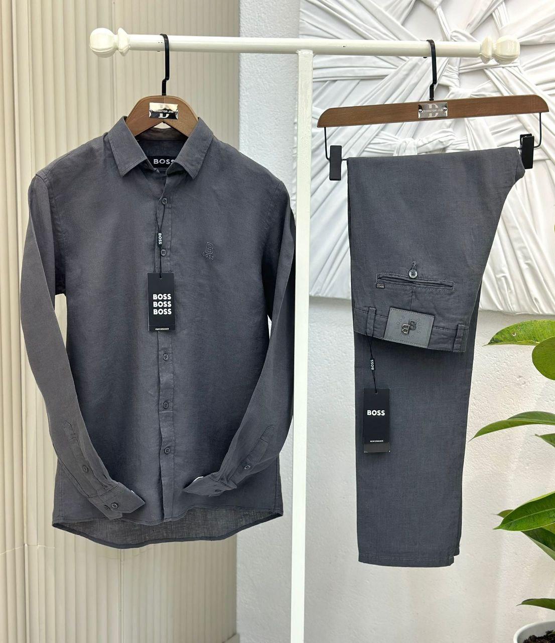 Чоловічий лляний костюм HUGO BOSS сорочка та штани CK9843 сірий, фото 1