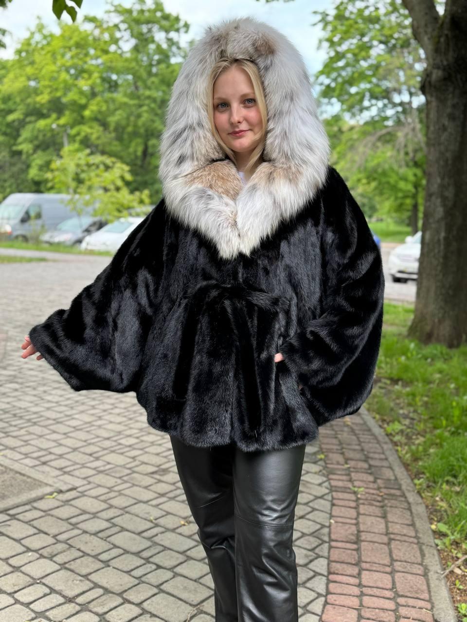 Жіноча норкова шуба FLY чорного кольору з риссю в капюшоні, фото 1