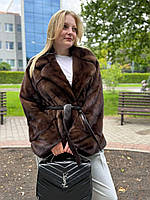 Жіноча натуральна норкова шубка з відкладеним коміром під пояс в кольорі Demi Buff 48/50