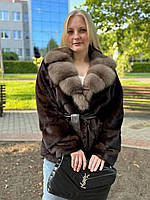 Жіноча натуральна норкова шубка з відкладеним коміром і куницею під пояс в кольорі Demi Buff 48/50