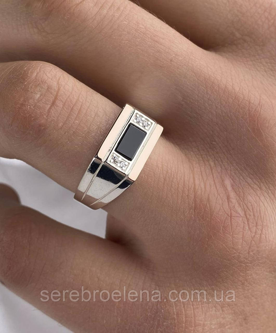 Чоловічий срібний перстень із золотими пластинами, фото 1