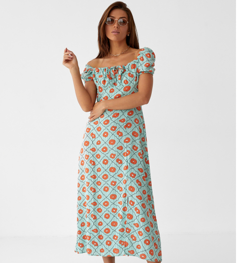 Довга жіноча сукня міді в принт з рукавами фанариками м'ятна літня сукня з куліскою на грудях розмір S M, фото 1