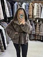 Жіноча натуральна норкова шубка з капюшоном у кольорі "соболь" 42/44