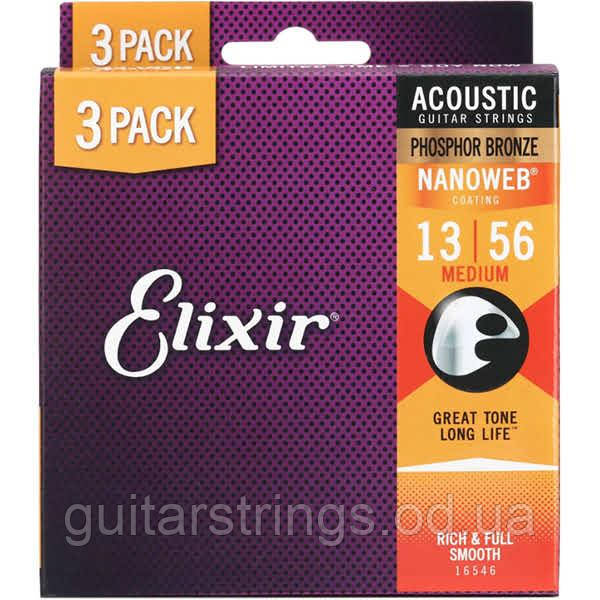 Струны Elixir 16546 Nanoweb Phosphor Bronze Medium 13-56 3 sets, фото 1