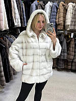 Великі розміри Жіноча натуральна норкова шубка з капішоном в кольорі "СНІГ"  54/56