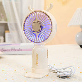 Ручний вентилятор з ріжками "Олень" з акумулятором та USB, Бежевий (Дитячий портативний вентилятор)