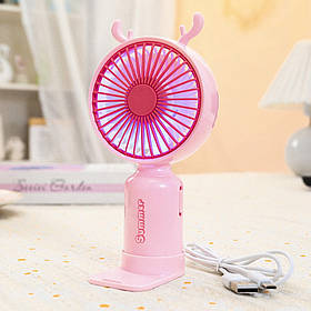 Ручний вентилятор з ріжками "Олень" з акумулятором та USB, Рожевий (Дитячий портативний вентилятор)