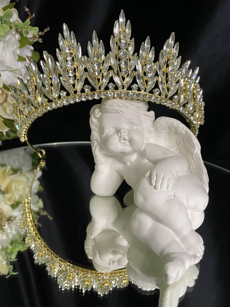 Діадема на петлях з камінням Swarovski Золотиста 15х6.5 см Золота діадема з кристалами, фото 1