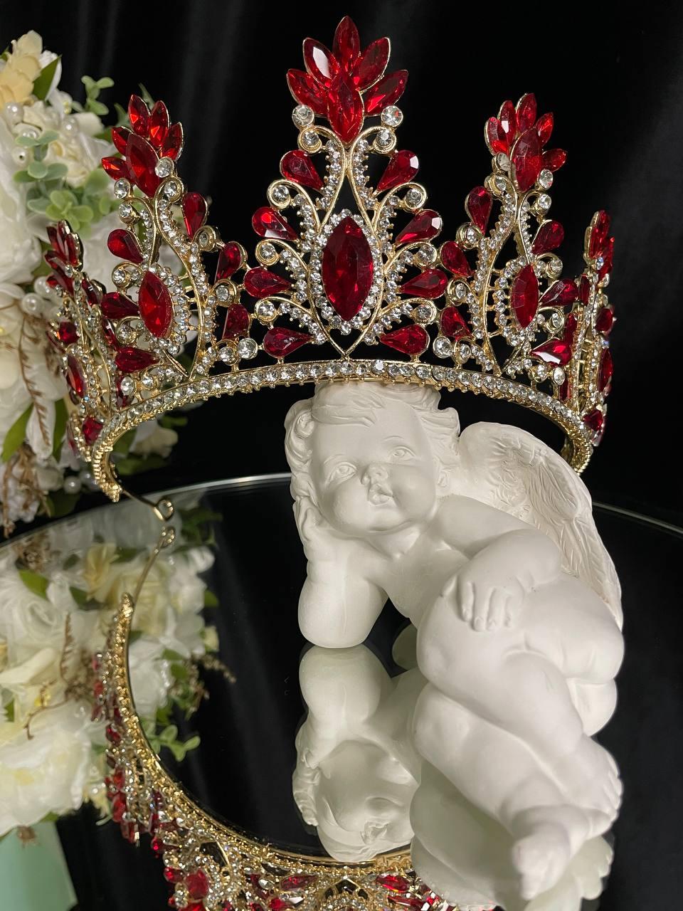 Діадема на петлях з камінням Swarovski Золотиста 17х9.5 см Красива корона з бордовими каменями, фото 1