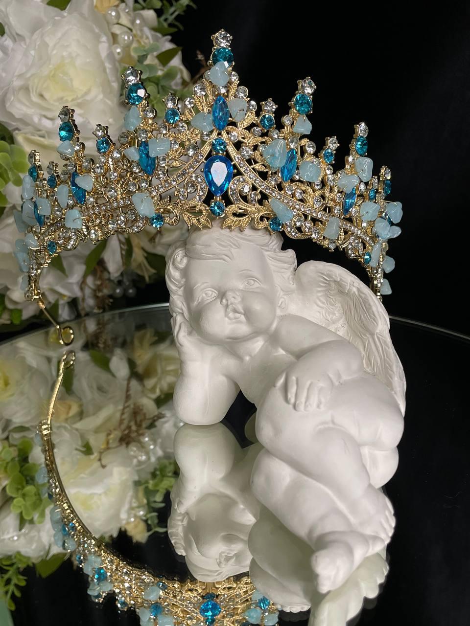 Діадема на петлях з камінням Swarovski Золотиста Діадема з блакитним камінням Тіара з елементами ручної роботи, фото 1