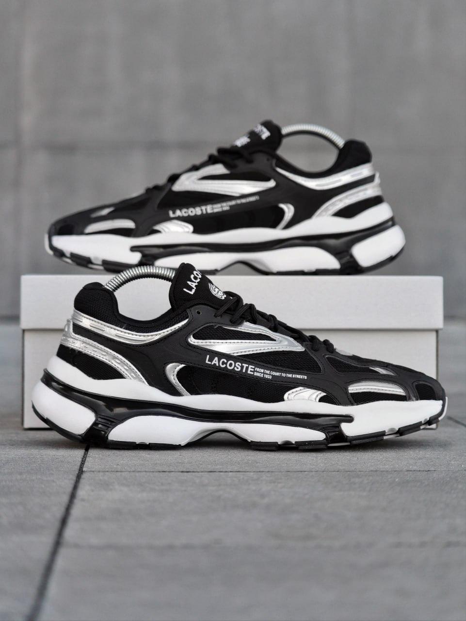 Чоловічі кросівки Lacoste L003 Black Silver White Взуття Лакоста чорно білі шкіряний із сіткою легкі
